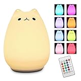Children Baby Night Light, Elfeland Remote Control LED Cute Silicone Cat Lamp 12+1 Colors/6 Lighting Modes/USB Rechargeable/Timing Off for Kids Bedside Bedroom Nursery Birthday Gift Valentine Present