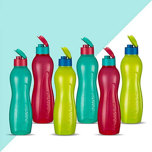 Belocopia - Hiero Premium Plastic Water Bottle Set with Flip Cap (Set of 6, 1L, Multicolor)