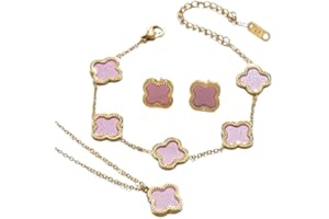 HuGia Four Leaf Lucky Clover Jewelry Set, Minimalist Creative Plant Flower Design Four leaf clover 18K Gold Plated Stainless Steel Pendant Necklace Earrings Bracelet Jewelry Set For Women, Elegant Four Leaf Clover Necklace Floral Style Jewelry Gift