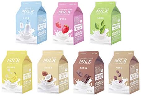 A'PIEU MILK-ONE-PACK 7 Sheets, Facial Mask Pack, Strawberry, Banana, Coconut, Chocolate, Milk, Coffee, Green tea Milk One