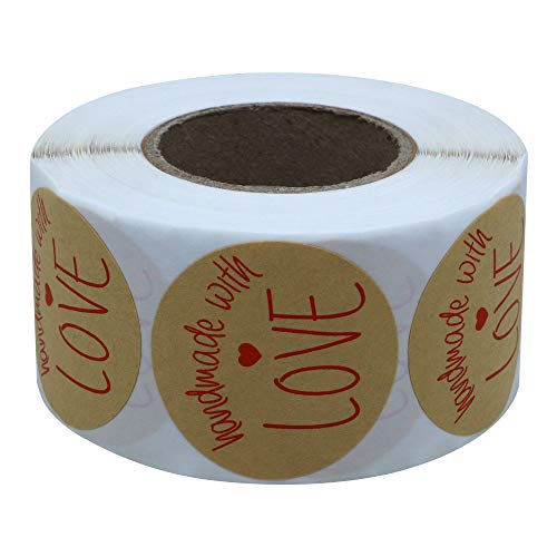 Hybsk Kraft Handmade with Love Stickers with Black Font 1.5" Inch Round Total 500 Labels Per Roll (Type 2)