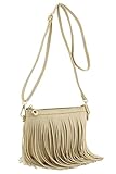 Small Fringe Crossbody Bag with Wrist Strap (Beige)