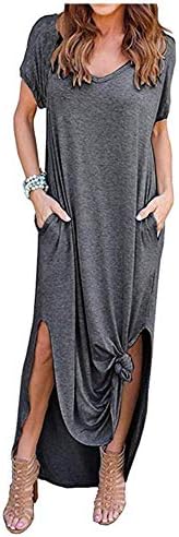 Loose Plain Maxi Dresses Women's Short Sleeve Casual Long Dresses with Pockets Dark Gray