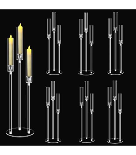 Mjkeomo Lot De 4 Bougeoirs à 5 Bras En Acrylique - Hauteur 107 Cm - Centres De Table Transparents Avec Abat-jour - Pour Bougies LED