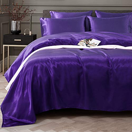 Cobedzy 6 Pcs Purple Satin Sheets Queen Size Soft Silk Satin Bedding
