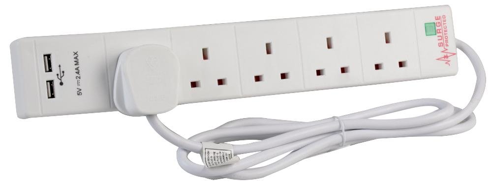 Pro Elec 2068U WHT 5 Way + USB Surge Protected Extension Lead, 2 m White