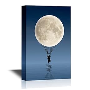 Canvas Wall Art - Man Flying with The Moon Above The Water Surface Creative Flying Concept - Gallery Wrap Modern Home Art | Ready to Hang - 12x18 inches