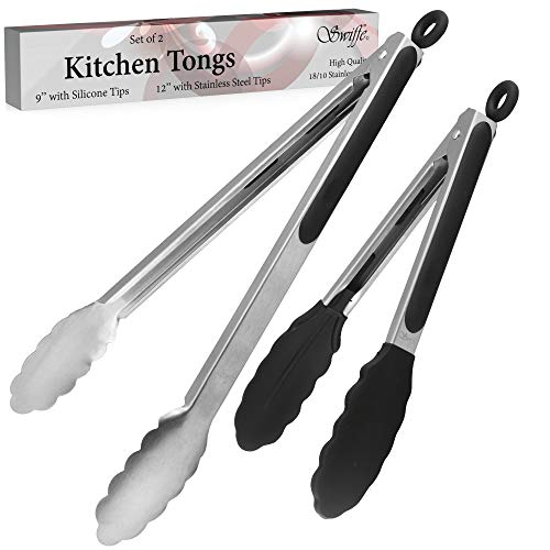 Swiffe Stainless Steel Set of 2 Kitchen Tong Set - Premium Multipurpose 9" with BPA Free Heat Resistant Silicone Tips and 12" with Metal Tips for BBQ, Grilling, Serving - Easy Lock, FDA Approved