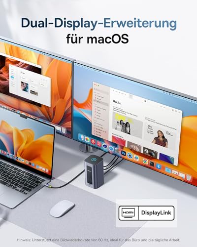 【Kompatibel mit Windows-Laptops】 Baseus Docking Station USB-C, Nomos Air 12 in 1, Dockingstation 2 monitore, 2 * 4K HDMI, 10Gbps USB-C/A, 100W PD, Gigabit-Ethernet (12-in-1 für macOS)