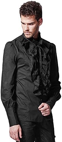 Peony ghost Gothic Steampunk Men Black Ruffle Blouses Retro Victorian Cotton Stand-up Collar Shirts Blouses (S)