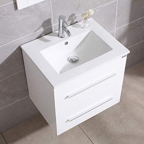 Walnest 24" White Bathroom Vanity and Sink Set Wall Mounted 2 Drawers Storage Cabinet with Ceramic Vessel Basin Chrome Faucet and Mirror Combo