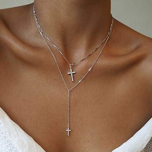 Yean Cross Pendant Necklace Layered Silver Cross Choker Jewelry Chain with Crystal for Women and Girls