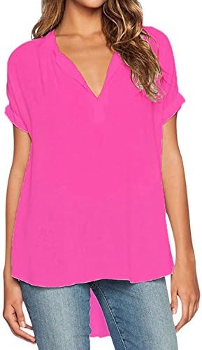 TOUQIANMAO Women Summer V Neck Short Sleeve Casual Chiffon Blouse Oversize Top Shirts Large Rose