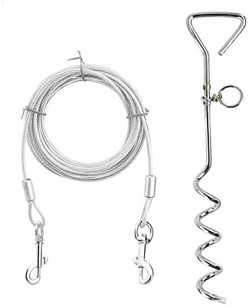 Dog Tie Out Cable 16ft with Stake, Pet Spiral Stake and Leash with Anti-Winding Metal Ring, 2 Clasps for Yard, Camping and Outdoors, Small to Medium Pets Up to 40lb