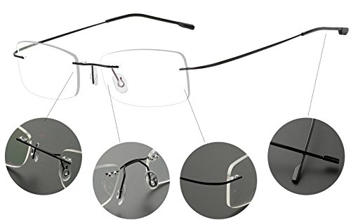 Agstum Mens Womens Titanium Alloy Flexible Rimless Frame Prescription Eyeglasses 51mm (Black, 51mm)