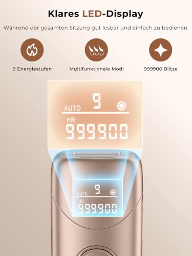 IPL Devices Hair Removal with Cooling Function, Laser Hair Removal with 9 Adjustable Energy Levels, 999900 Flashes & 600 NM Red Light, Painless IPL Hair Removal Device for Women & Men, Gold