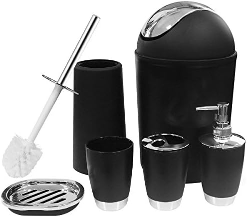 KMESOYI Black Bathroom Accessories Sets Complete, 6 Piece Plastic Luxury Bath Accessory Set Home Decoration, Lotion Dispenser, Toothbrush Holder, Bathroom Tumblers, Soap Dish, Trash Can, Toilet Brush
