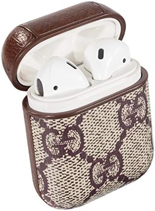 AirPods PU Leather Designer Case, Protective Shockproof Case Cover with Carabiner Keychain Compatible with Apple AirPods Charging Case for Men and Women (Brown G_G)