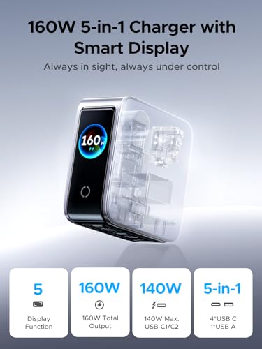 UGREEN 160W 5-Port GaN Charger, Smart Digital Display Screen with Touch Control, 4 USB-C Multi Port Fast Charging Adapter, PD USB C Wall Charger for Laptop MacBook, iPhone 17, GalaxyS26/S25, Pixel 10