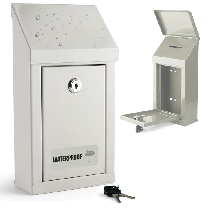 Metal Donation Box-Suggestion Box with Slot and lock-Cash Lock box for Money-Drop Box-Outdoor Waterproof Mailbox and ballot box-comes with pre-drilled holes for easy wall mounting 10 X 6 X 2.5"(White)