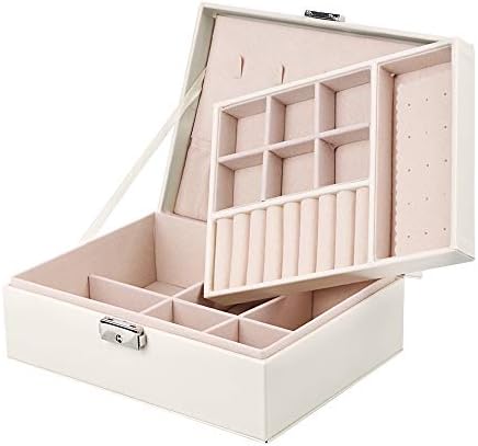 Seavish Jewelry Box, Large Capacity, 2 Tiers, Compact, Jewelry Storage, Jewelry Box, Leather, Jewelry Case, Accessory Box, Includes Key, Gift, Women’s, White
