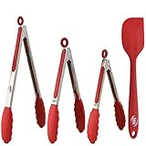 Kaluns Kitchen Tongs Set, 4 Piece -Red- Stainless steel 7-9-12 Inch Tong + Bonus Silicone Spatula Best Non-stick, Heat resistant Serving Utensils Tools Collection Best for Cooking and Baking