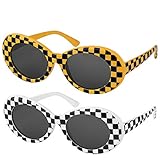 Elimoons Bold Retro Oval Mod Thick Frame Clout Goggles Sunglasses Round Lens 2 Pack,Checkered & Yellow Grid