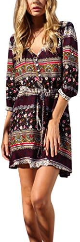 Hikong Womens Summer Bohemian Floral Printed V Neck 3/4 Sleeve Loose Holiday Beach Mini Dress Bikini Cover UPS