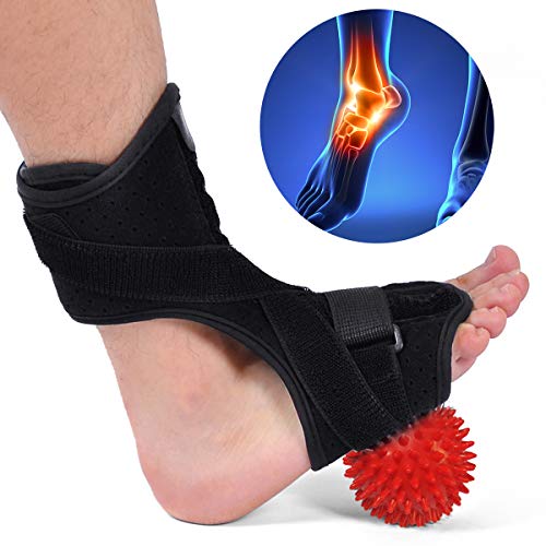 Plantar Fasciitis Night Splint, Drop Foot Orthotic Brace with Hard Spiky Massage Ball for Effective Relief from TAchilles Tendonitis, Heel Pain, Plantar Fascia, Drop Foot Bendable Aluminum Strip