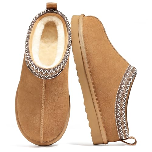 bebealy Genuine Suede Fuzzy Slippers for Women Winter Warm House Shoes Cozy Mini Boots for Indoor Outdoor