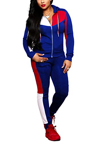 Deloreva Women Two Piece Outfits - Long Sleeve Zip Up Jacket Jogging Suit Pant Set Activewear Jumpsuit Blue M - Thumbnail 7