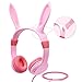 barsone Volume Limiting Kids Headphones Girls,85dB Over Ear Wired Headset with Music SharePort,Food Grade Silicone,Cute Detachable Bunny Ears Headphones for School Children Toddlers Pink