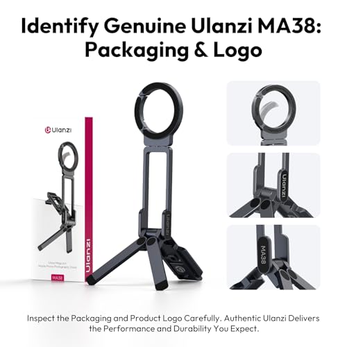 ULANZI Magnetic Phone Tripod for iPhone, MA38 Portable Phone Holder Mini Tripod for Magsafe with Double-Sided Strong Magnetic 1/4'' Arri Locating Hole Foldable Hook for iPhone 16 15 14 13 12, Black