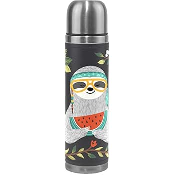 Wamika Cute Sloth Vacuum Insulated Stainless Steel Water Bottle, Sloth Animal in Glass Watermelon Flower Leaves Sports Coffee Travel Mug Thermos Cup Genuine Leather Cover Double Walled BPA Free 17 Oz