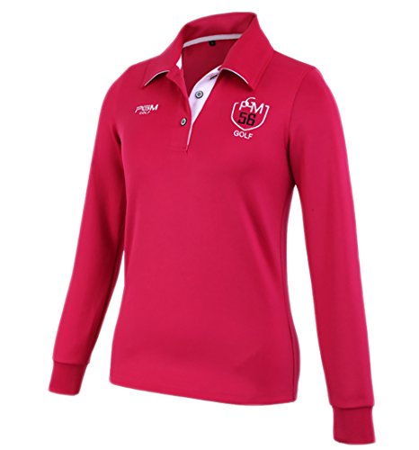 PGM Women Golf Polo Shirt Long Sleeve Rose Red Winter Autumn Sports Apparel Clothes (L)