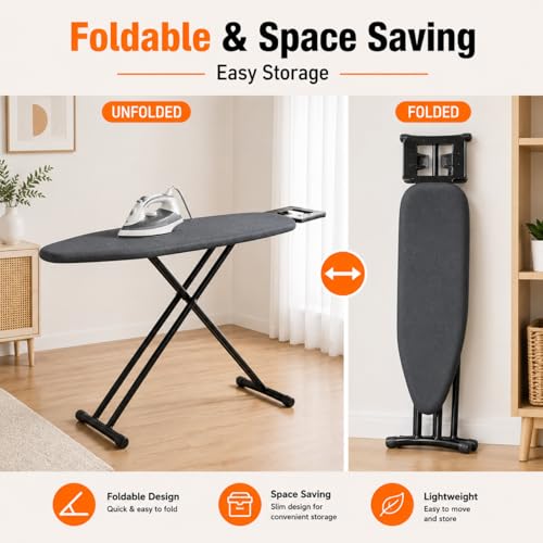 Toshionics Ironing Board with Adjustable Height - Heat Resistant Cover Iron Board with Stean Iron Stand - Non-Slip legs 7 Height Adjustable Options 90cm - Grey