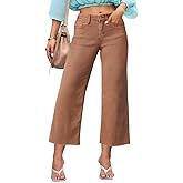 Allimy Women's High Waisted Straight Ankle Wide Leg Ripped Jeans Frayed Hem Stretchy Capri Denim Pants