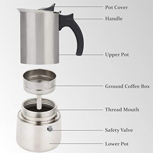 elabo Stovetop Espreeso Machine and Moka Pot for Gas or Electric Ceramic Stovetop, Italian Espresso Coffee Shot Maker for Italian Espresso, Cappuccino and Latte, 304 Stainless Steel, 6 Cups