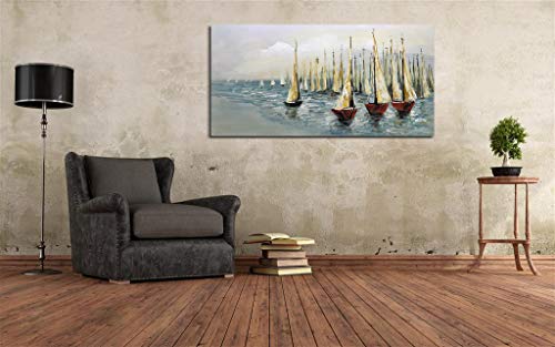 V-inspire Paintings，24x48 Inch Oil Hand Painting Sailing Boat on Blue Sea Warm Color Painting Style Home Decoration Wood Inside Framed Ready to Hang - Thumbnail 7