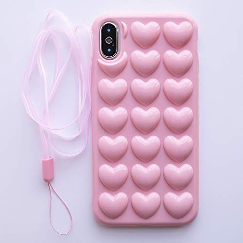 iPhone Xs Max Case, DMaos Cute Girl 3D Heart for Women Cover Soft Rubber Absorb Shock with Crossbody Strap Chain Necklace, Premium for iPhone 10s Max 6.5'' 2018 - Pink