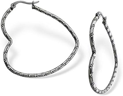 Stainless Steel 40mm Rigged Heart French Lock Hoop Earrings 19624
