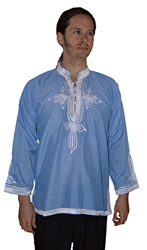 Marrakesh Men Tunic Caftan With White Tread Embroidery Breathable X-large Light BLue