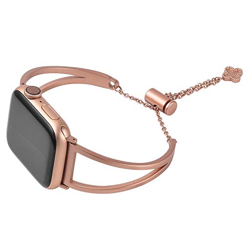 hooroor Bracelet Compatible for Apple Watch Band 38mm 40mm/42mm 44mm, Feminine Bangle Cuff with Clover Pendant for iWatch Bands Series 4 3 2 1 Stainless Steel Metal Wristband Strap (Gold, 42 mm 44mm) - Thumbnail 3