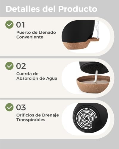 Macetas Autorriego de Interior, Tiesto de Plástico con Base Integrada, Pack de 6 (20/18/17/15/14/13 cm), para Cocina, Balcón, Jardín y Vivero Interior macetas Negro