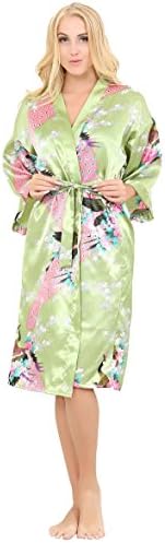 ALLINLOVER Women's Floral Kimono Robe Silk Peacock Printing Soft Breathable for Bride and Bridesmaids Nightgown