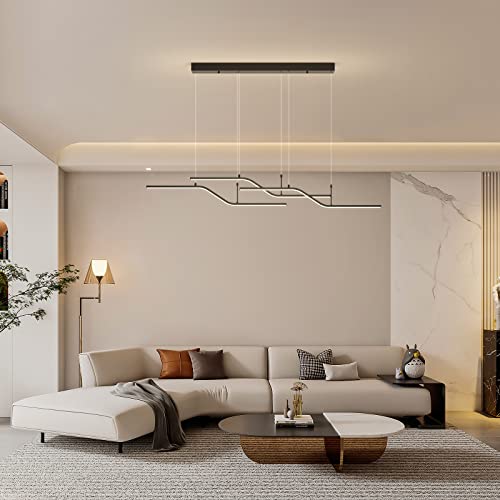 Siittoo Moderna lámpara colgante negra, lámpara de araña LED regulable de 45 W con control remoto, lámpara colgante lineal de 3 ondas de luz para comedor, cocina, isla de restaurante (52 pulgadas)