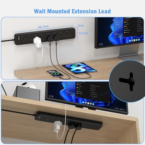 TOPREK 8 Way Extension Lead with Individual Switches, 2100 Surge Protected Extension Lead with Indicator Lights, Desk/Wall Mounted Power Strip for Office/Home/Computer Room/Garage(2M)