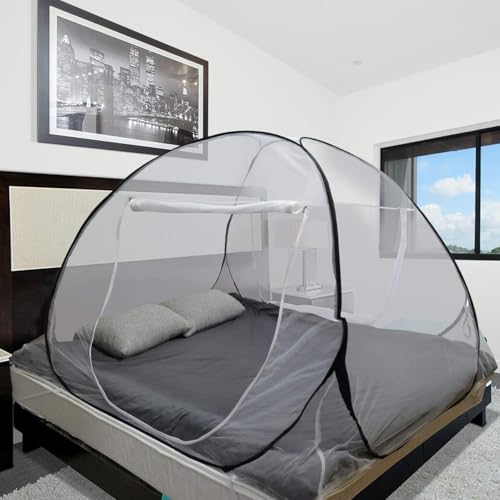 Sekey Pop Up Mosquito Net with 4 Tie Down Straps, Double Zip, Foldable Mosquito Net, Portable Camping Tent with Carry Bag, Ultralight Double Bed for Outdoor Travel, 200 x 180 x 145 cm, White