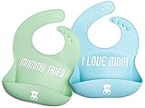 Your Happy Kids Waterproof Silicone Bibs with Food Catcher Pocket 2 Pack Blue and Green