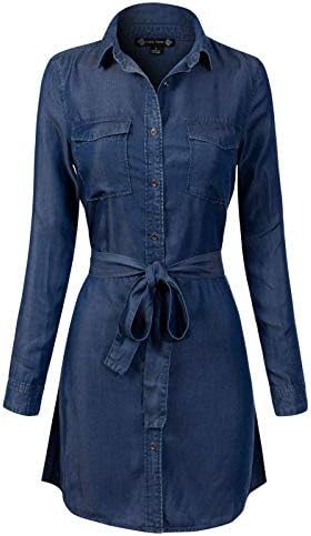 Instar Mode Women's Basic Classic Long/Roll Up Sleeve Button Down Chambray Denim Shirt Tunic (S-3XL)